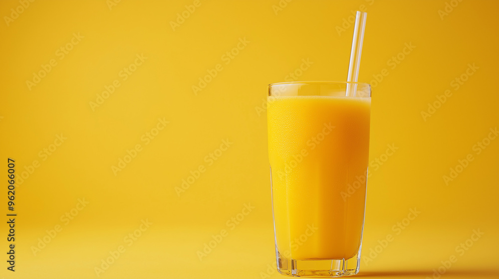 glass of mango juice with straw isolated on yellow background glass of mango juice with straw isolated on yellow background