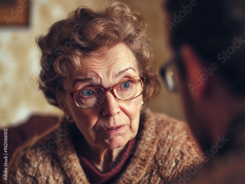 Elderly Woman in Contemplative Conversation