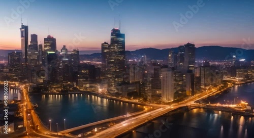 Timelapse of city lights turning on at dusk.
