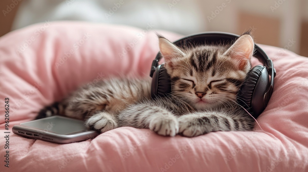 Naklejka premium Adorable kitten snuggled on a pink pillow, headphones on, with a phone nearby, showcasing a funny and comforting pet scene