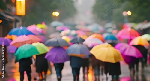 People walking in the rain with colorful umbrellas.
