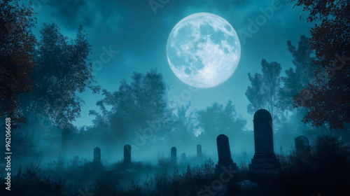 A haunted scene of a graveyard at midnight on October 31st, marking the beginning of Halloween night.