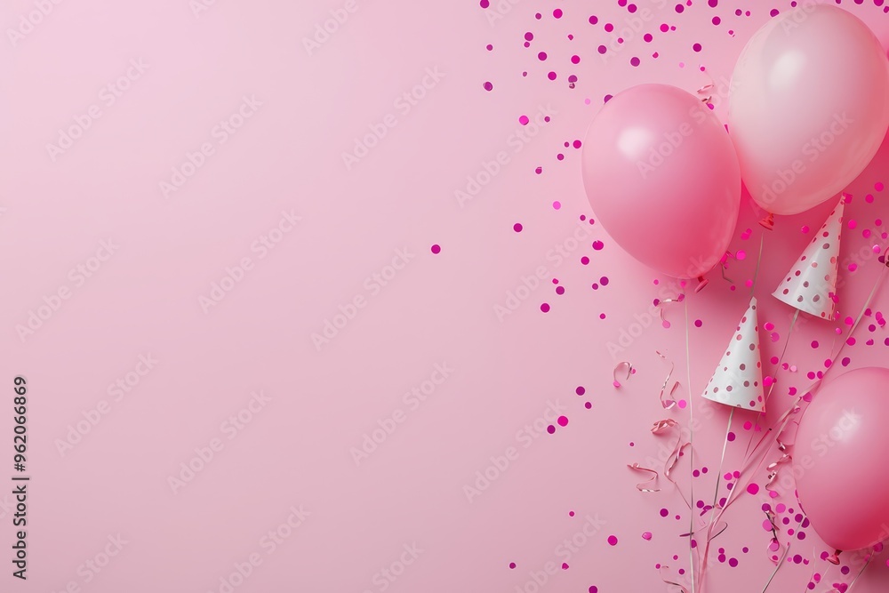 A vibrant display of monochrome pink party decorations, including balloons, confetti, and paper caps, creates a cheerful atmosphere ideal for any celebration. A vibrant display of monochrome pink party decorations, including balloons, confetti, and paper caps, creates a cheerful atmosphere ideal for any celebration.