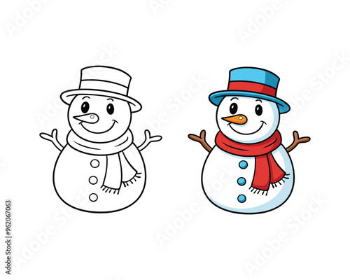 snowman with hat and scarf coloring page for kids,Vector black and white illustration isolated on white background.