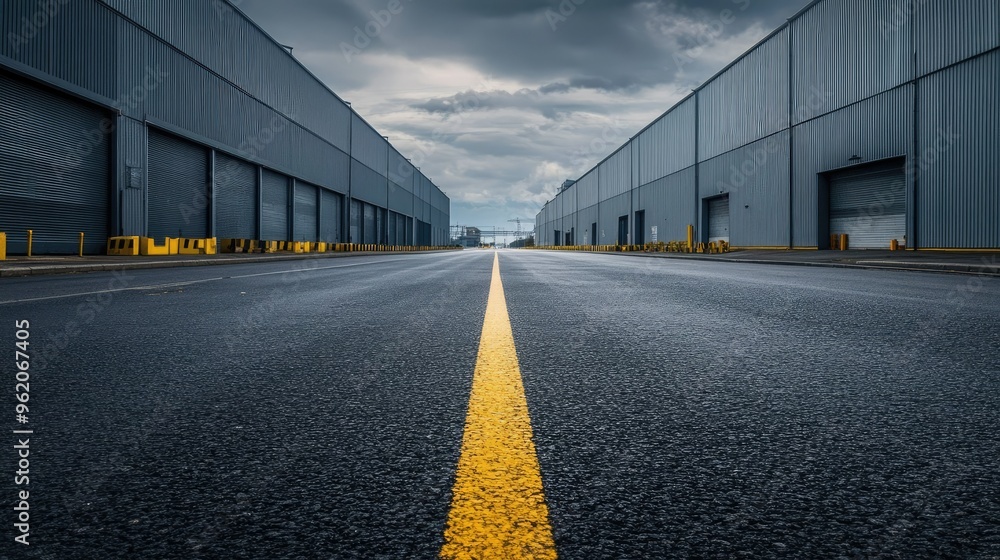 Asphalt road in a quiet industrial area, with empty streets and large factory buildings on both sides under overcast skies Asphalt road in a quiet industrial area, with empty streets and large factory buildings on both sides under overcast skies