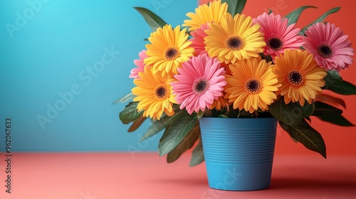 Wallpaper Mural Colorful Gerbera Daisies in a Blue Pot Against a Blue and Red Background Torontodigital.ca