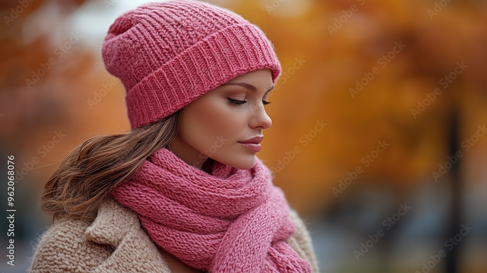 Woman in Pink Knit Hat and Scarf in Autumn Woman in Pink Knit Hat and Scarf in Autumn