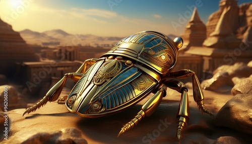 Golden Scarab, Shimmering with gold, Symbol of immortality and resurrection, Resting on ancient Egyptian ruins in a desert landscape