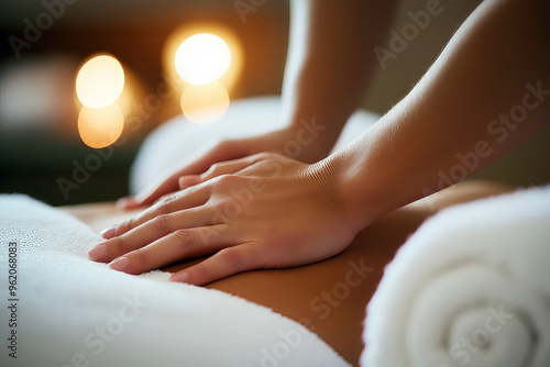 Wallpaper Mural Close-up of a therapist's hands performing a relaxing back massage on a client, with a serene spa setting in the background. Torontodigital.ca