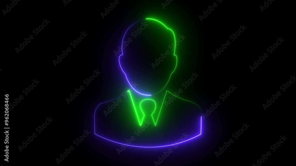 Neon glowing man icon animation in black background. Happy professional and entrepreneur or financial advisor concept. Glowing neon green and blue color people or person concept.