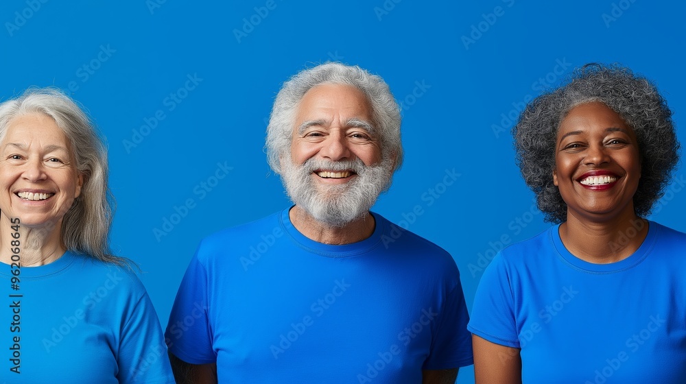 Three people, two men and a woman, are smiling and posing for a photo. They are all wearing blue shirts and are standing next to each other. Scene is happy and friendly, as the people are all smiling Three people, two men and a woman, are smiling and posing for a photo. They are all wearing blue shirts and are standing next to each other. Scene is happy and friendly, as the people are all smiling