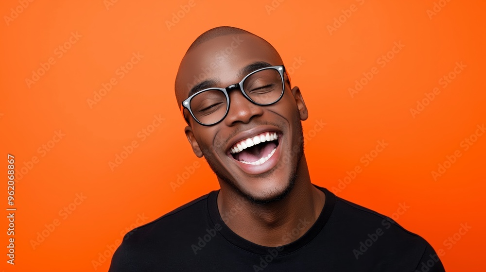 A man with glasses is smiling and laughing. He is wearing a black shirt and has a beard A man with glasses is smiling and laughing. He is wearing a black shirt and has a beard