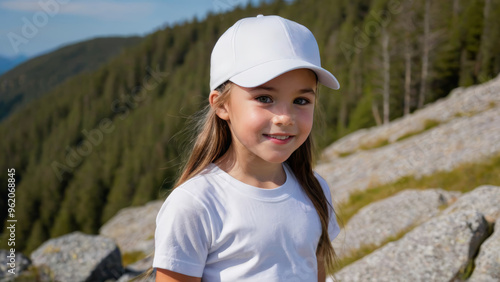 Little girl wearing white t-shirt and white baseball cap standing on a mountain