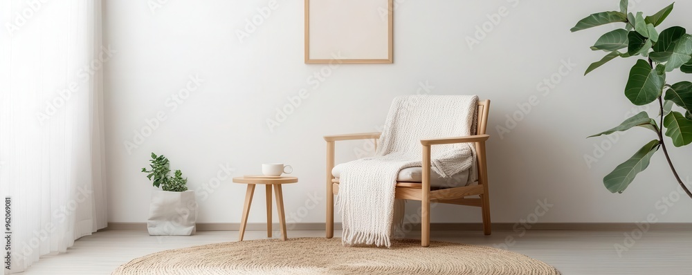 A Scandinavian-style reading nook with light wood furniture, a cozy blanket, and a minimalist design, reading nook, Scandinavian, minimalist A Scandinavian-style reading nook with light wood furniture, a cozy blanket, and a minimalist design, reading nook, Scandinavian, minimalist