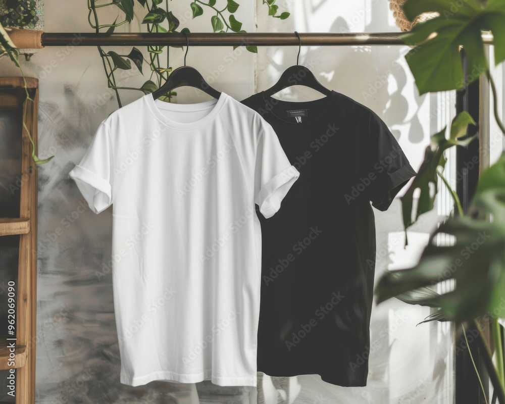 T-shirt mock up of a black and white shirt on hangers T-shirt mock up of a black and white shirt on hangers
