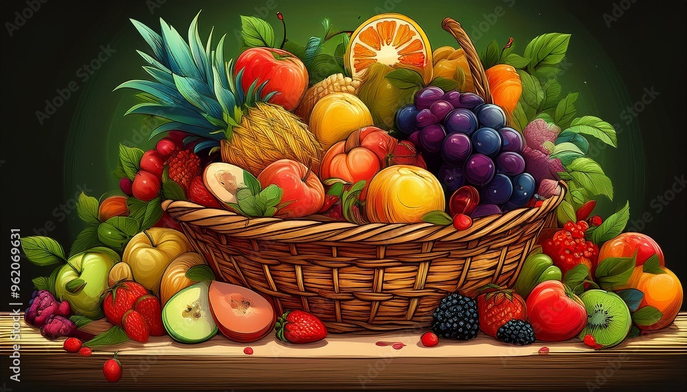 Produce a digital illustration of a vibrant fruit basket overflowing with ripe, colorful produce, showcasing a sense of healthy abundance Produce a digital illustration of a vibrant fruit basket overflowing with ripe, colorful produce, showcasing a sense of healthy abundance