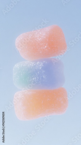 Three colorful gummy candies on a light background, pastel tones