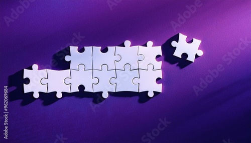 Purple backdrop, AI ethics puzzle pieces, dusk lighting, overhead view, contemplating technology is path