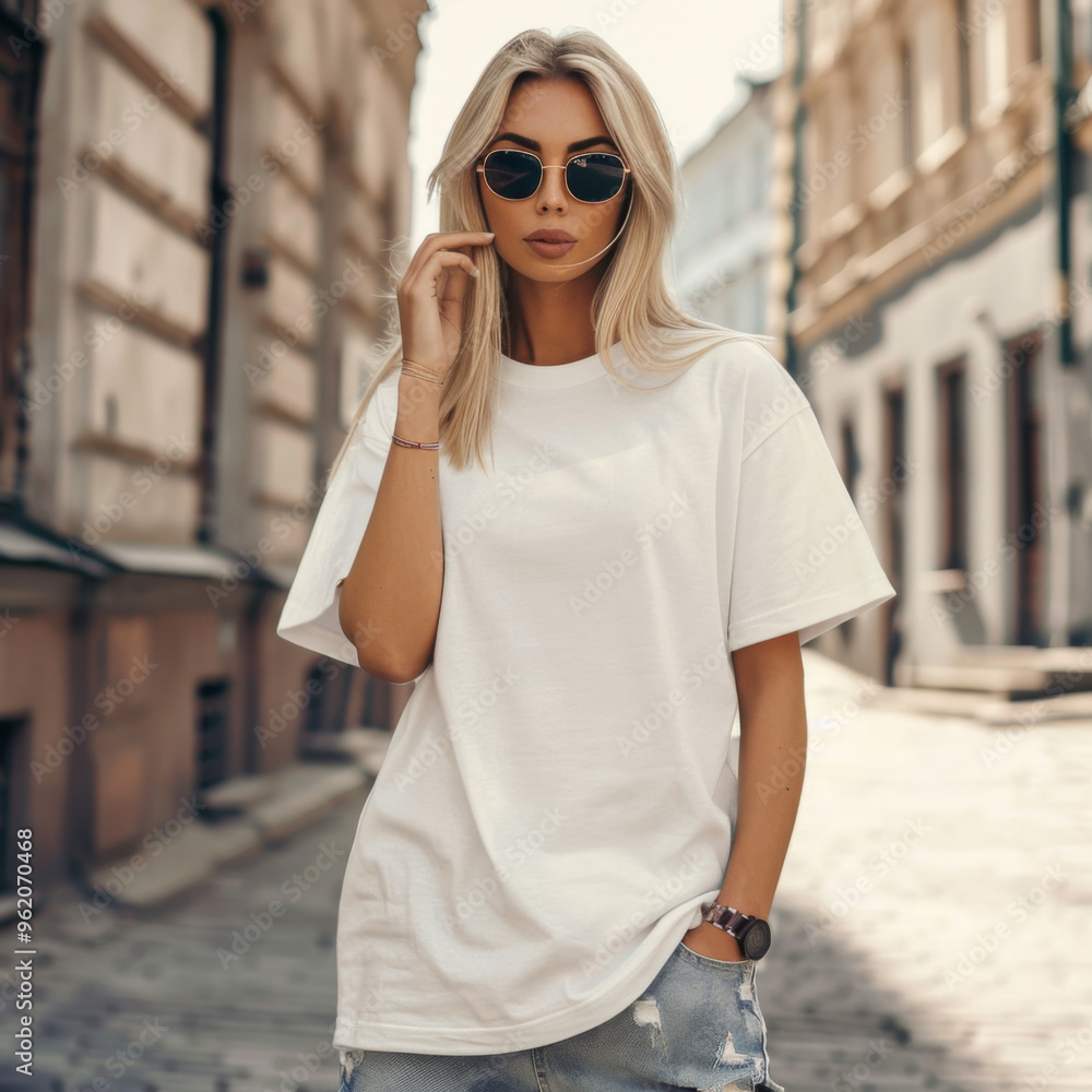 T-shirt mock up of a woman in a white shirt in the city T-shirt mock up of a woman in a white shirt in the city