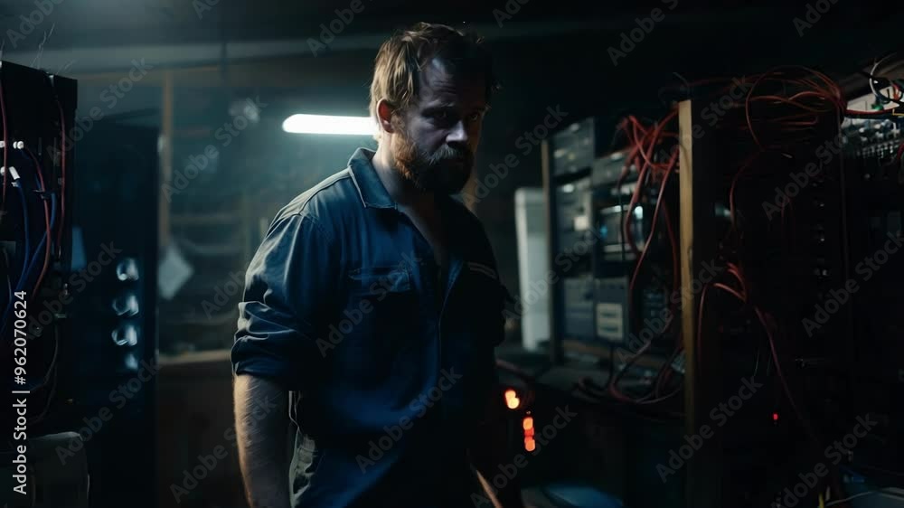 Confident technician in blue workshop, serious expression, surrounded by tools and machinery, exuding professionalism and expertise Confident technician in blue workshop, serious expression, surrounded by tools and machinery, exuding professionalism and expertise