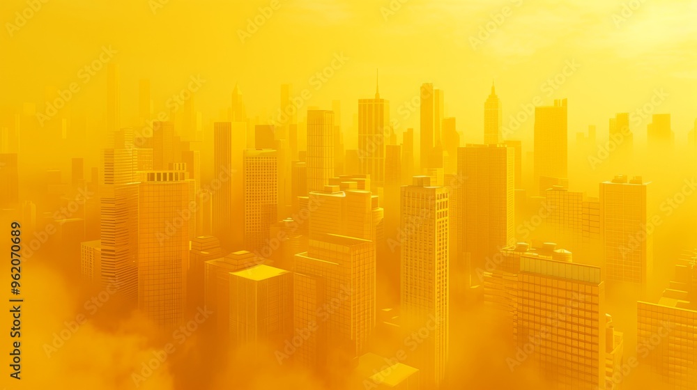 A surreal cityscape immersed in a dense yellow fog, where modern high-rise buildings are shrouded in mist. The monochromatic yellow tone adds a calm and mysterious mood to the scene, enhancing the A surreal cityscape immersed in a dense yellow fog, where modern high-rise buildings are shrouded in mist. The monochromatic yellow tone adds a calm and mysterious mood to the scene, enhancing the