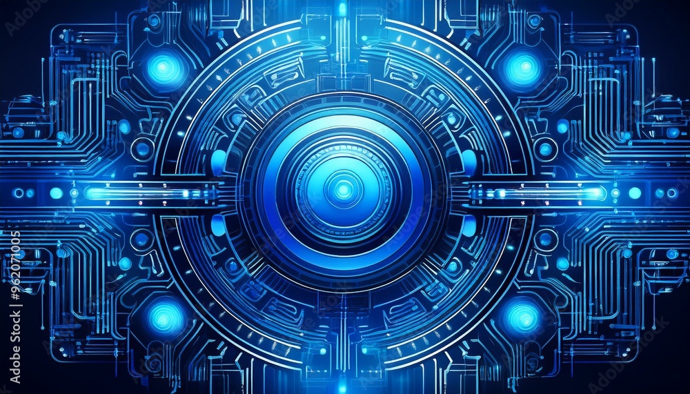 visual experience that merges the complexities of engineering and design featuring a mesmerizing blue computer circuit background adorned with elements of circular abstraction and mechanical realism visual experience that merges the complexities of engineering and design featuring a mesmerizing blue computer circuit background adorned with elements of circular abstraction and mechanical realism