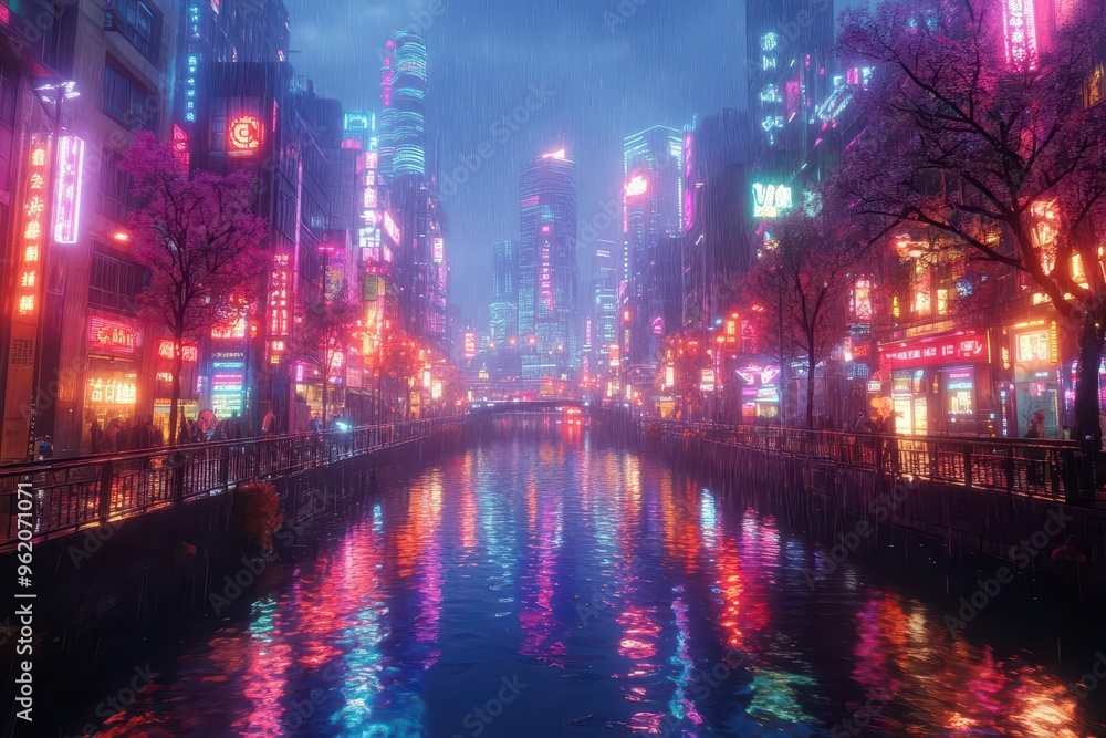 futuristic cityscape with holographic skyscrapers reflecting in a mirrorlike river neon lights painting the twilight sky in vibrant cyberpunk hues futuristic cityscape with holographic skyscrapers reflecting in a mirrorlike river neon lights painting the twilight sky in vibrant cyberpunk hues