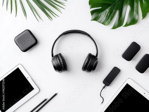 Flat lay of modern tech setup laptop, headphones, portable charger, and tablet, arranged on a clean desk, Tech gadgets, Minimal tech