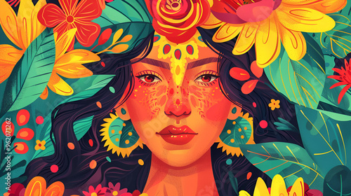 Vibrant portrait of a woman surrounded by colorful flowers and tropical leaves