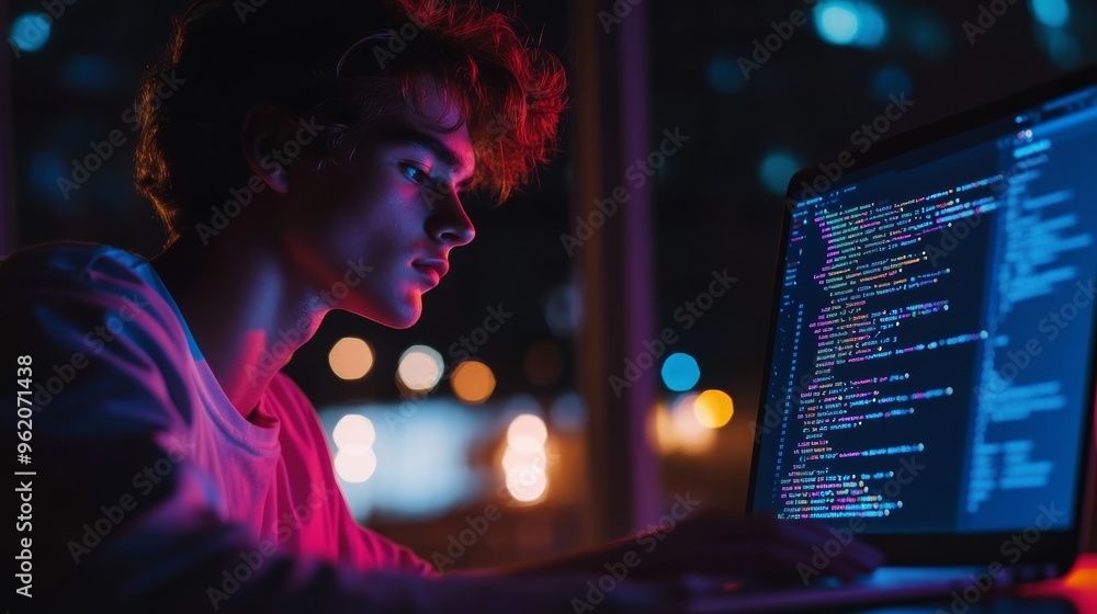 Focused young coder writing code on a laptop in a dark room with colorful bokeh. Night programming and web development concept. Focused young coder writing code on a laptop in a dark room with colorful bokeh. Night programming and web development concept.