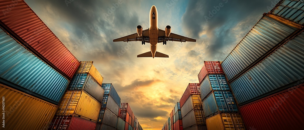Low-angle airplane flying over rainbow-colored shipping containers ...