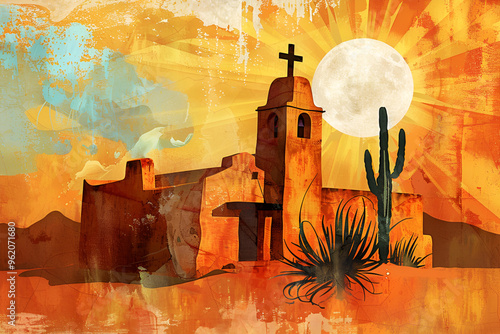 Desert mission church under the glowing sun and cactus in vibrant illustration