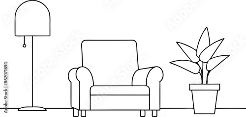 Continuous line interior with armchair, plant, lamp. Living room with modern furniture. Vector illustration