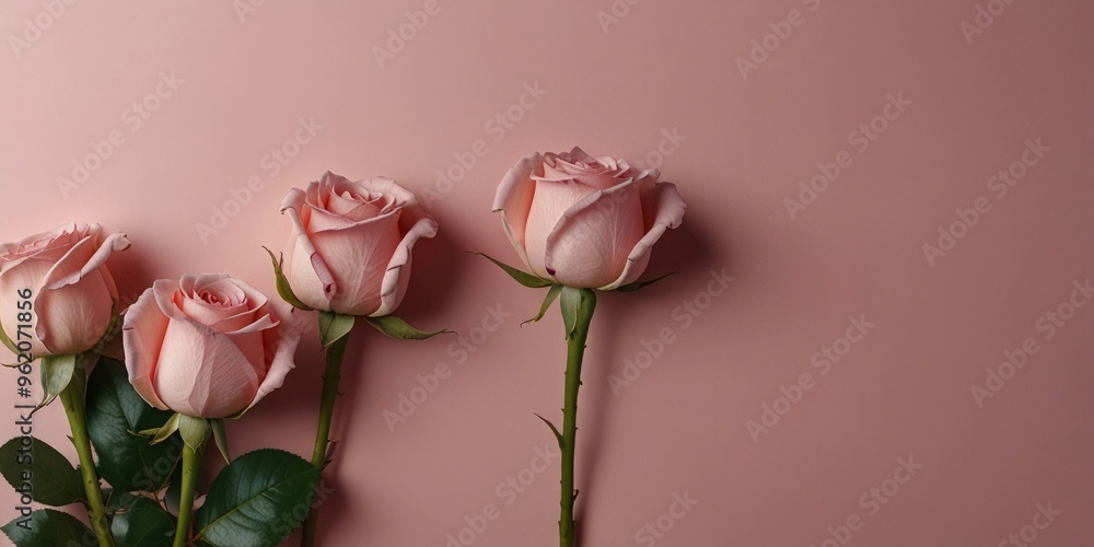 Fototapeta premium Pink roses on pink background. Mother's Day, Birthday, Valentines Day, Womens Day, celebration concept. Space for text. AI generated.