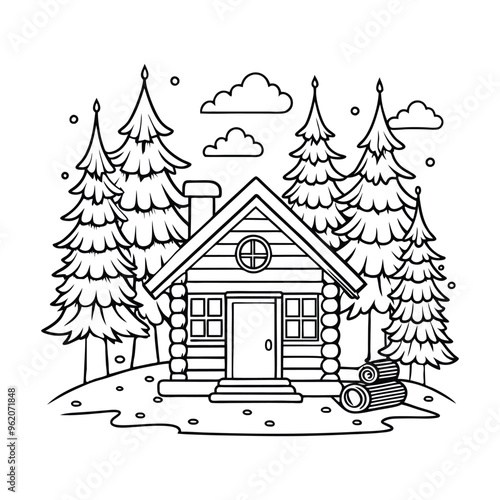A cozy log cabin with smoke coming from the chimney, surrounded by tall, snowy pine trees, coloring page, holiday coloring page