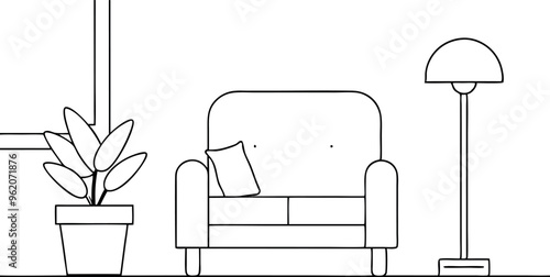 Continuous line interior with armchair, plant, lamp. Living room with modern furniture. Vector illustration