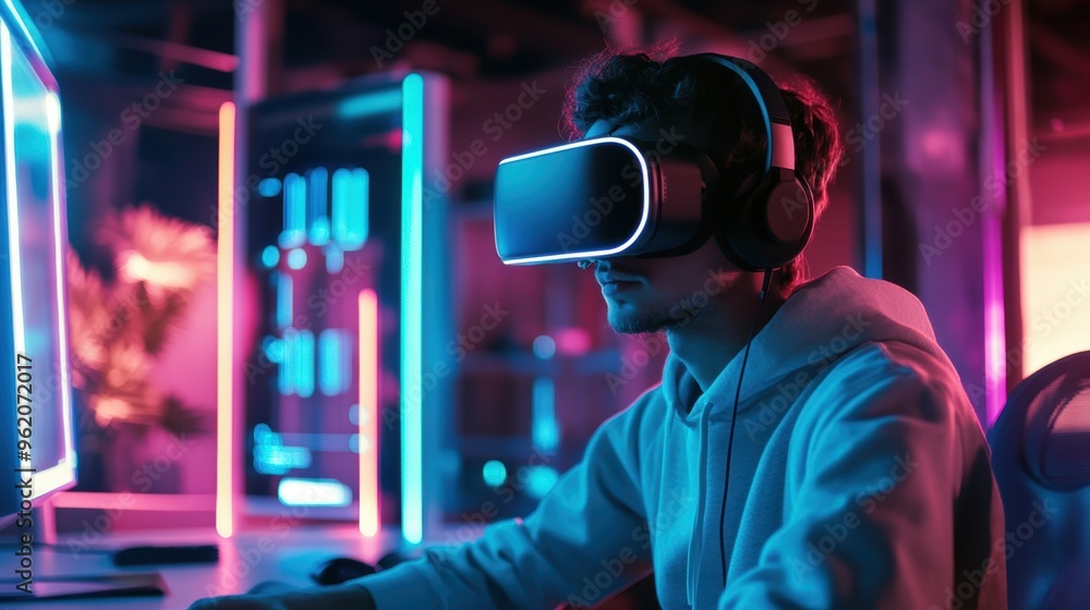 Advanced blue-tinted virtual reality setup with colorful LED lights in a modern workspace Advanced blue-tinted virtual reality setup with colorful LED lights in a modern workspace