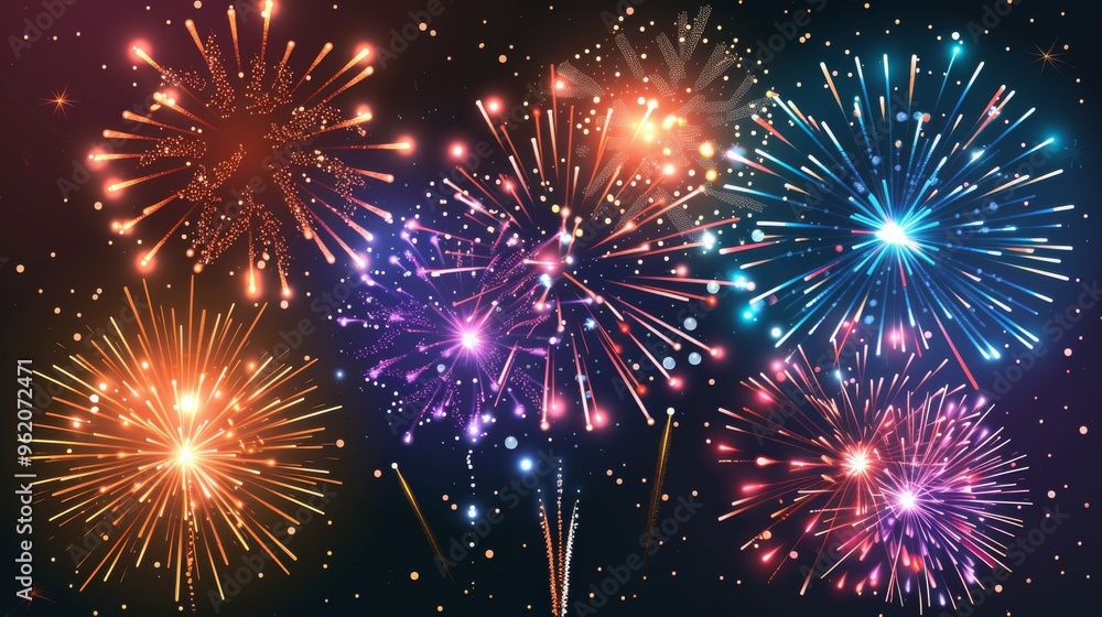 Fototapeta premium A vivid display of multicolored fireworks bursting in the night sky, with a variety of patterns and vibrant colors creating a celebratory and festive atmosphere.