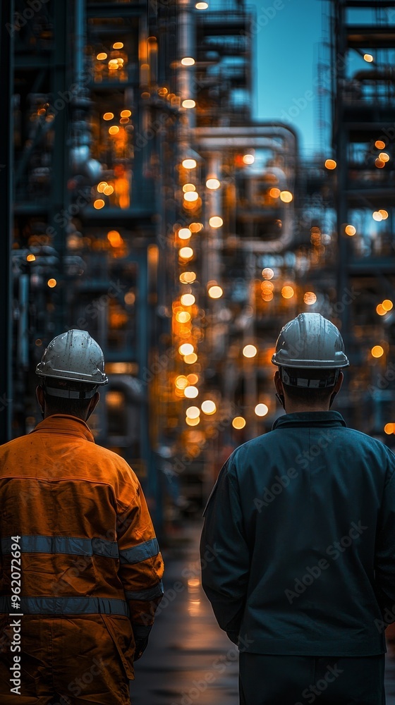 Industrial Workers in Hard Hats at Night with Bokeh Lights Industrial Workers in Hard Hats at Night with Bokeh Lights