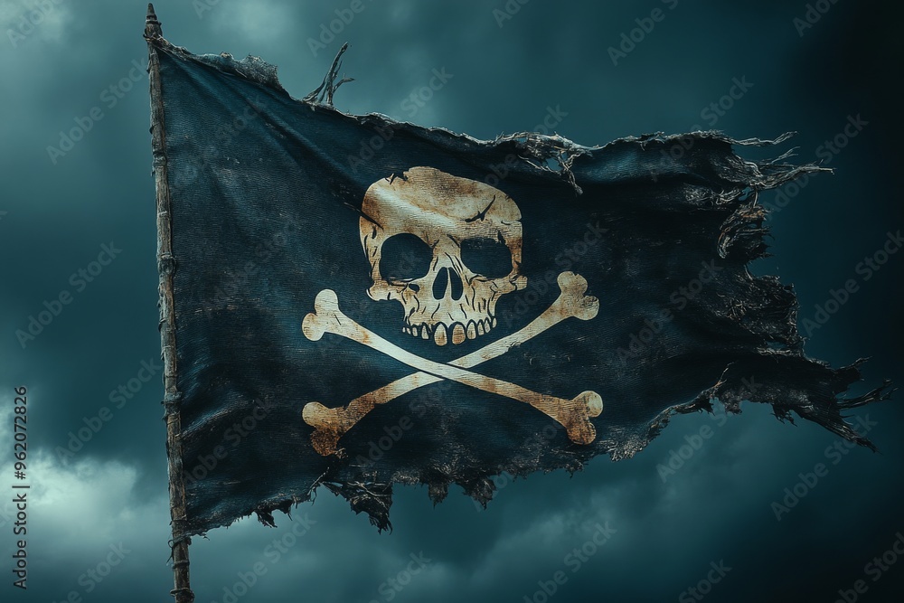 Naklejka premium a pirate flag flutters against a dark sky