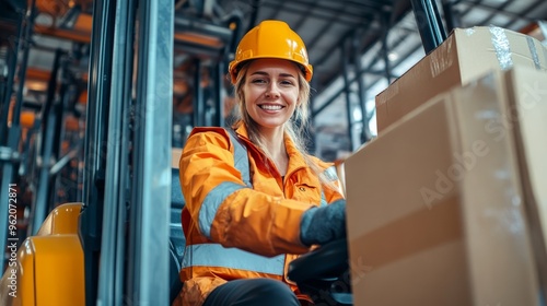 A girl operating a forklift in a warehouse