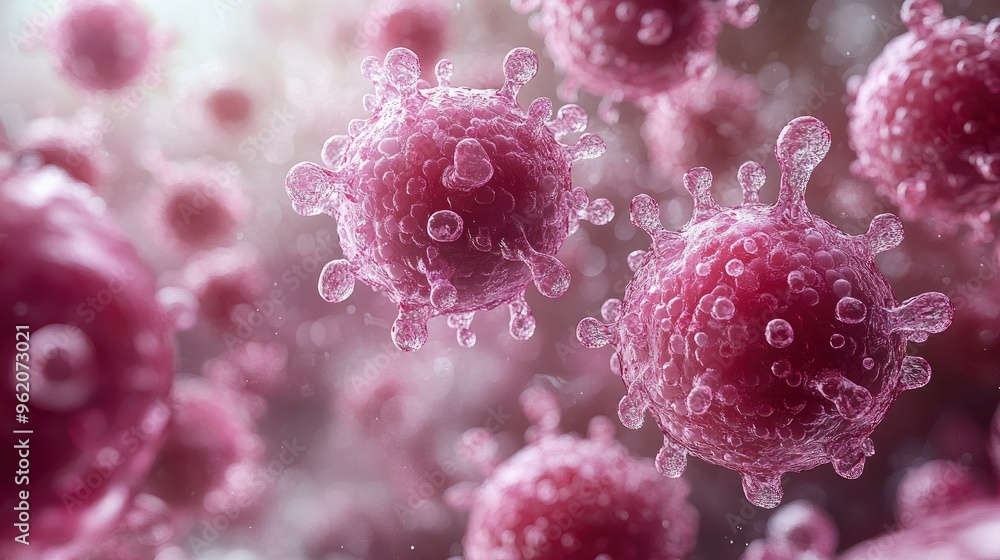 3D Render of Pink Virus Particles in a Cloudy Environment 3D Render of Pink Virus Particles in a Cloudy Environment