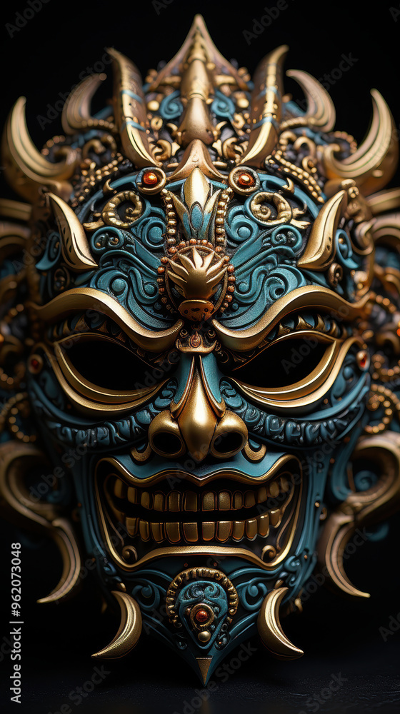 Golden Balinese ceremonial mask with sharp, expressive details on minimalist black background. Shimmering metal creates luxurious, vibrant aesthetic. Intricate craftsmanship and cultural significance. Golden Balinese ceremonial mask with sharp, expressive details on minimalist black background. Shimmering metal creates luxurious, vibrant aesthetic. Intricate craftsmanship and cultural significance.