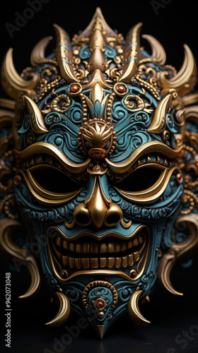 Wallpaper Mural Golden Balinese ceremonial mask with sharp, expressive details on minimalist black background. Shimmering metal creates luxurious, vibrant aesthetic. Intricate craftsmanship and cultural significance. Torontodigital.ca