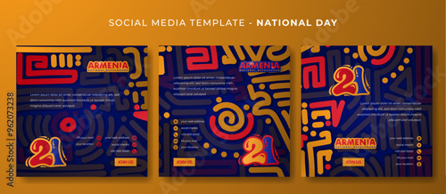 Set of social media post template with abstract rounded maze design in blue background
