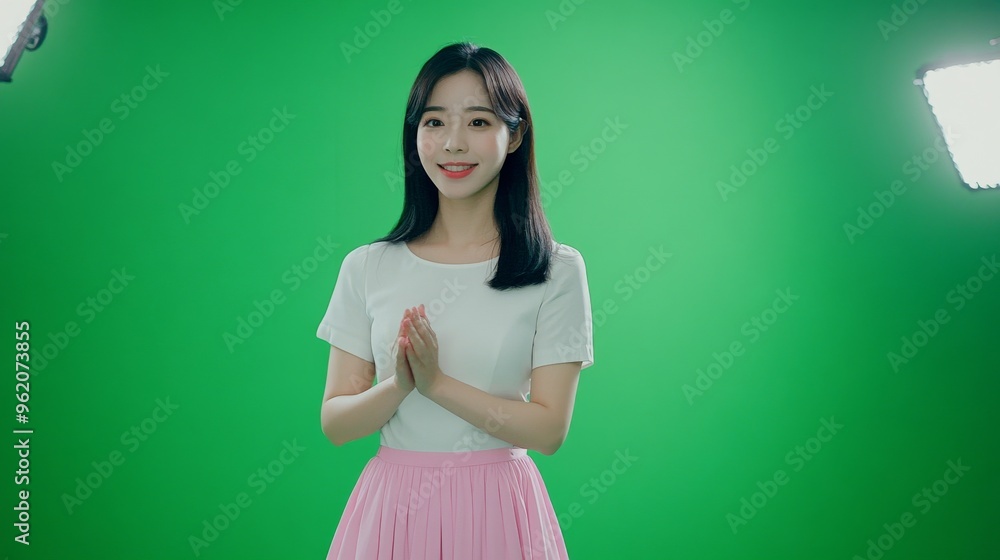 A beautiful woman, wearing a white short-sleeved top and a long pink skirt, with straight black hair and delicate makeup on her face, stands in front of a green screen background, smiling at the viewe A beautiful woman, wearing a white short-sleeved top and a long pink skirt, with straight black hair and delicate makeup on her face, stands in front of a green screen background, smiling at the viewe