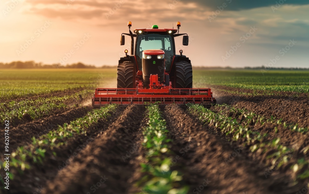 An autonomous tractor using laser-guided systems to plow a large field An autonomous tractor using laser-guided systems to plow a large field