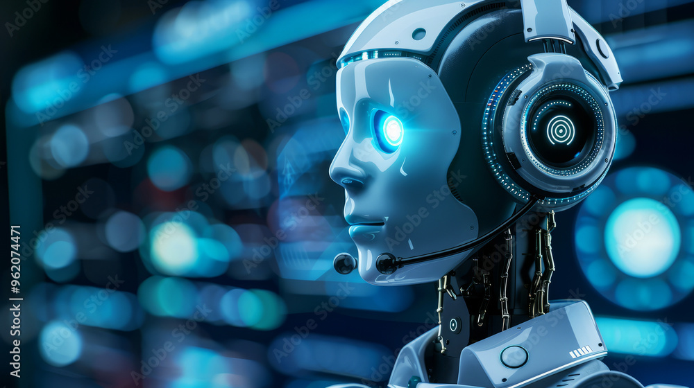 Fototapeta premium Ai Robot With Glowing Blue Eye And Headset. Futuristic Technology. Artificial Intelligence.