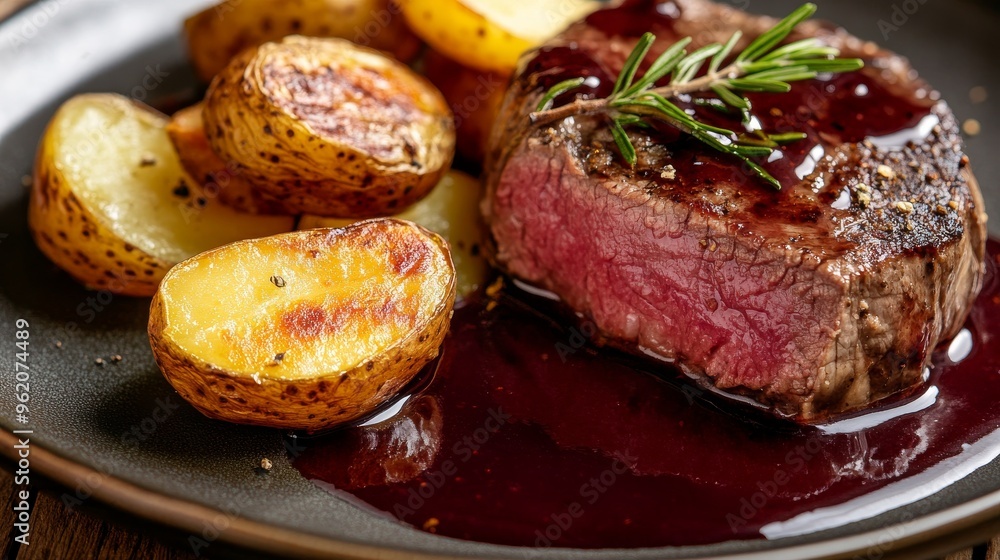 a wild game meat fillet steak on a plate with potatoes red wine sauce a wild game meat fillet steak on a plate with potatoes red wine sauce
