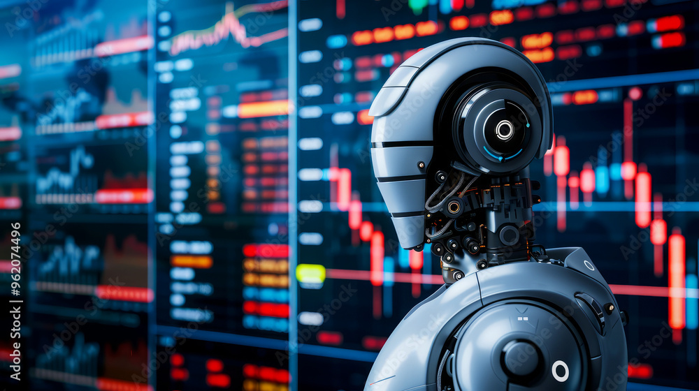 Ai Robot Analyzing Financial Data And Stock Market Trends On A Screen. Ai Robot Analyzing Financial Data And Stock Market Trends On A Screen.